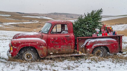 A red pickup truck hauling a Christmas tree and presents in a snowy field