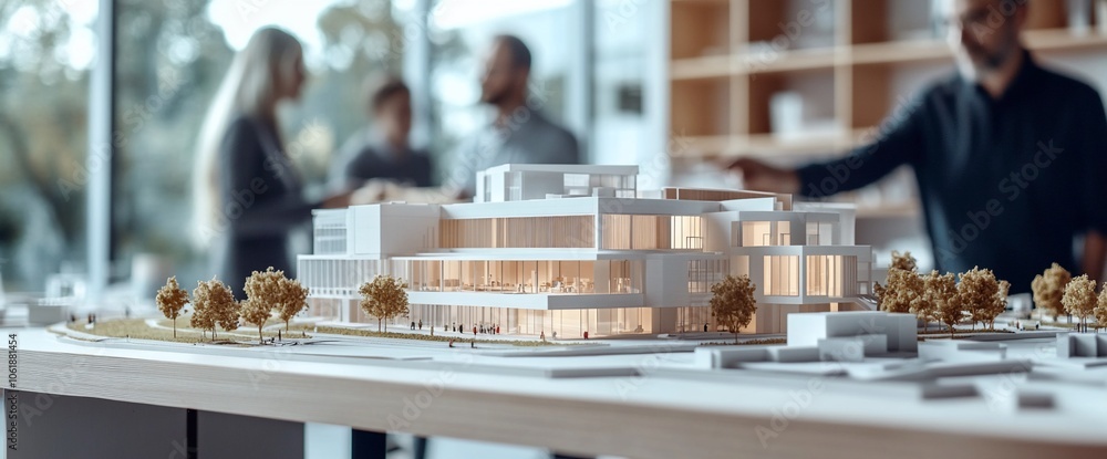 Poster architects and designers examining a detailed scale model of a modern building, showcasing the desig
