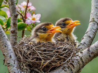 Group of hungry baby birds sitting in their nest on blooming tree with mouths wide open waiting for feeding. Young birds cry