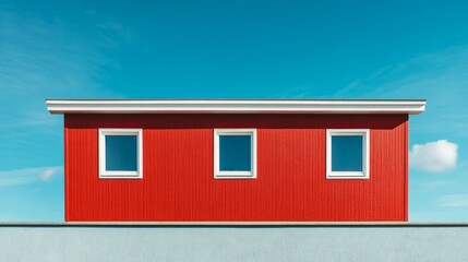 Building with red facade against blue sky background 