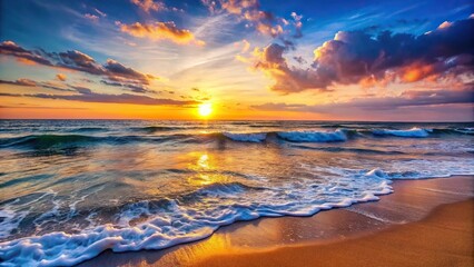 Obraz premium Serene ocean waves gently lapping against the shore at sunset, calm, horizon, sea, beach, peaceful