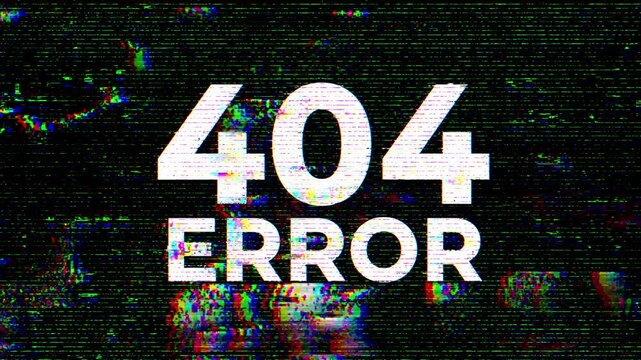 Digital glitch animation of "404 ERROR" text with RGB distortion, great for themes related to coding, hacking, and system breakdowns