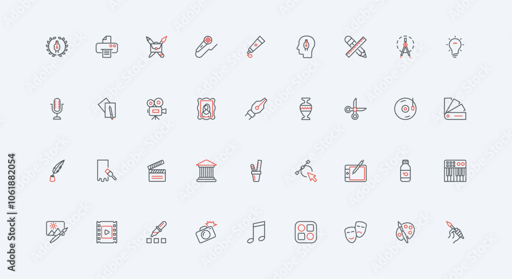 Aufkleber digital art project, graphic design and music, artwork and tools line icon set. vision and portfolio