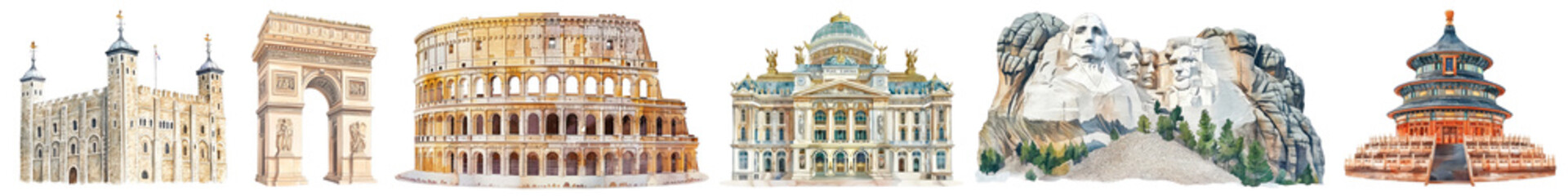 Obraz premium Watercolor famous landmark png cut out element set