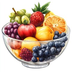 A bunch of diverse fruits in a glass bowl, realistic style, vibrant hues, isolated on white background