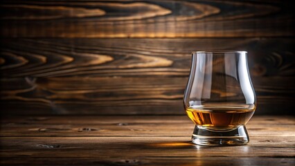 Sleek whiskey glass with a slender bowl and a tapered stem, resting on a wooden table top, condensation, whiskey drinker, drink, spirits, barware