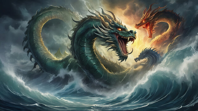 A fierce depiction of the god Marduk battling Tiamat, the primordial sea dragon, in a stormy sea, showcasing the intense battle of light versus darkness.