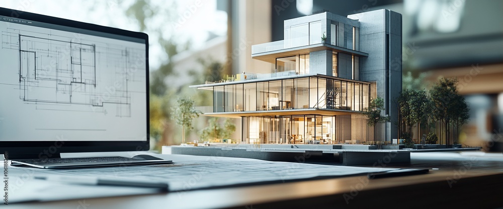 Poster Architectural model of a modern building with a laptop displaying a blueprint in the background on a wooden desk.