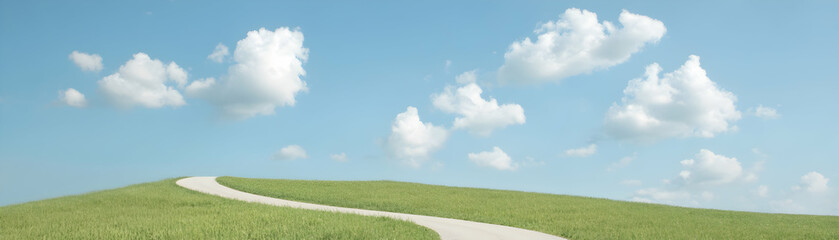 Winding Country Road Through Green Field With Blue Sky and White Clouds, winding road, road trip, asphalt road, landscape, scenery