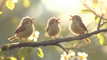 Obraz premium Three Cute Birds Singing on a Branch in Nature