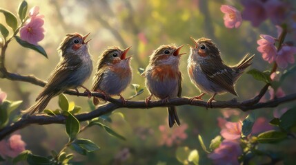 Charming Birds Singing on Branch in Blooming Garden