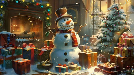 Quirky snowman with a playful grin, surrounded by holiday gifts, creating a fun and lighthearted Christmas scene