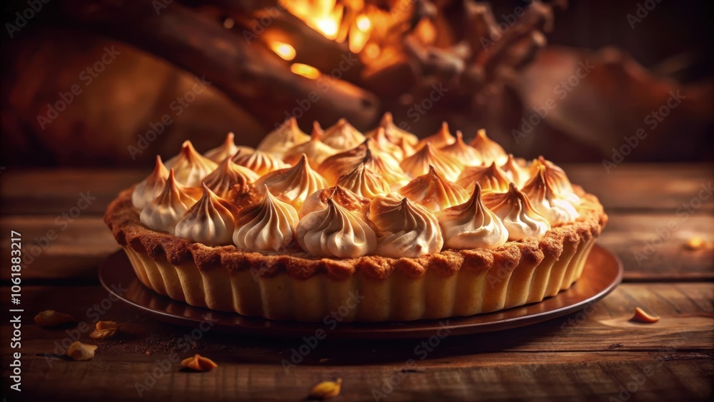 Poster a golden brown crust tart topped with a layer of fluffy meringue, illuminated by warm light, sits on
