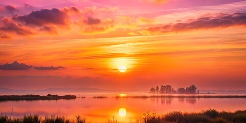 Soft pink and orange hues cast a warm glow on the landscape as the sun dips below the horizon, colors, peaceful atmosphere, landscape, nature, clouds