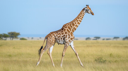 Giraffe strolling across the vast African savannah, tall and graceful in the wild
