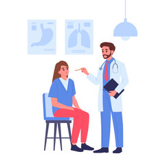 Doctor and patient. Medical worker with clinic patient, doctor diagnosing and advising patient flat vector illustration. Healthcare and medicine concept