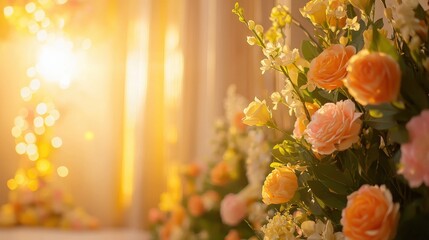 A soft-lit image featuring vibrant floral arrangements, showcasing soft pink and yellow roses with a warm, glowing backdrop.