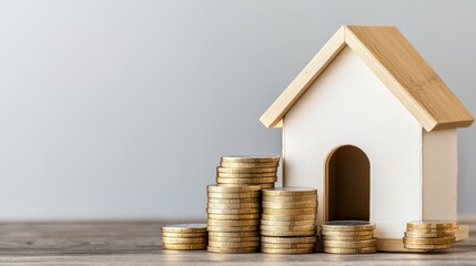 A small wooden house beside stacks of gold coins symbolizes wealth accumulation and the real estate investment market.