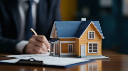 A person in a suit is signing documents next to a model house, representing real estate transactions and property investment.
