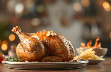 Holiday Roast Turkey A golden-brown roast turkey, the centerpiece of a holiday feast, with crispy skin and tender.roasted meat turkey thanksgiving meal.