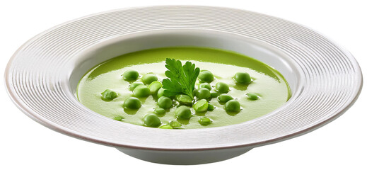 Green pea soup cut out, isolated on transparent background, png photo. Delicious traditional cuisine 