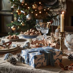 Fototapeta premium Present decorative box in Christmas and New Year style December winter vibe artistic photo picture holiday festive celebration