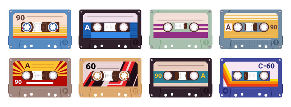 Retro audio cassettes. Cartoon 80s stereo tape cassettes, vintage tape records, 90s music audio cassette flat vector illustration set. Old school analogue tapes