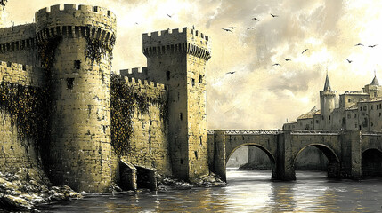 Fototapeta premium A medieval castle with tall towers, a stone bridge, and a river in the foreground, against a cloudy sky with flying birds.