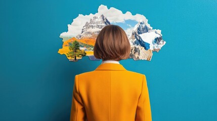 A person in a vibrant yellow coat gazes at a colorful nature scene emerging against a bright blue wall, symbolizing imagination and escape.