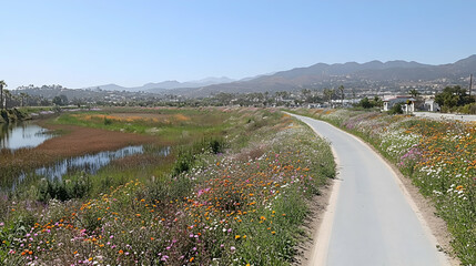 A paved bike path runs along a riverbed with wildflowers in bloom and mountains in the distance.