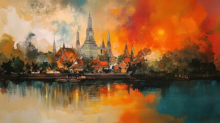 Obraz premium Vibrant Sunset over a Serene Temple Landscape