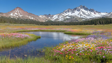 A picturesque meadow with a small pond surrounded by vibrant wildflowers and snow-capped mountains in the background.