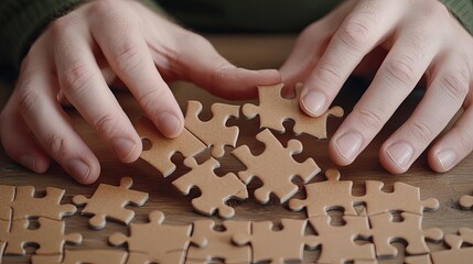 Close-up of hands assembling puzzle pieces on a wooden table, showcasing creativity and focus in a calming, engaging activity.