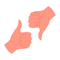 Thumb up and down gestures. Human hands with thumb up and down sign, agree and disagree flat vector illustration. Cartoon positive and negative hand gestures