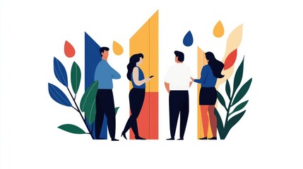 Illustration of diverse professionals engaging in conversation with colorful geometric shapes and plants in the background, symbolizing collaboration.