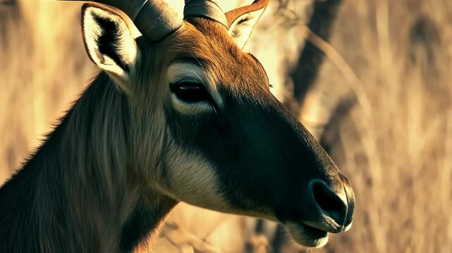 A close-up of a sable antelope in the African savanna
