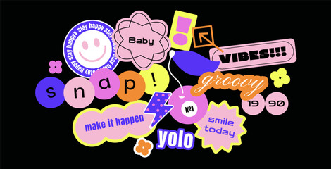 Y2K patches, labels, tags, stickers, stamps in retro style. Cartoon stickers in funky hipster groovy style. Vector set, trendy promo labels, figures, elements in Futuristic style