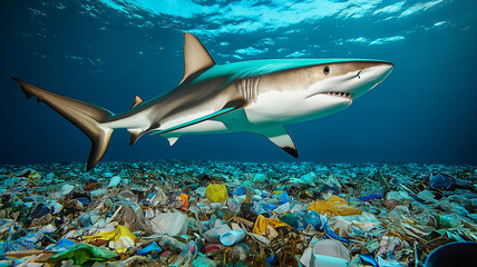 Obraz premium striking underwater scene featuring shark swimming through sea of plastic waste, highlighting