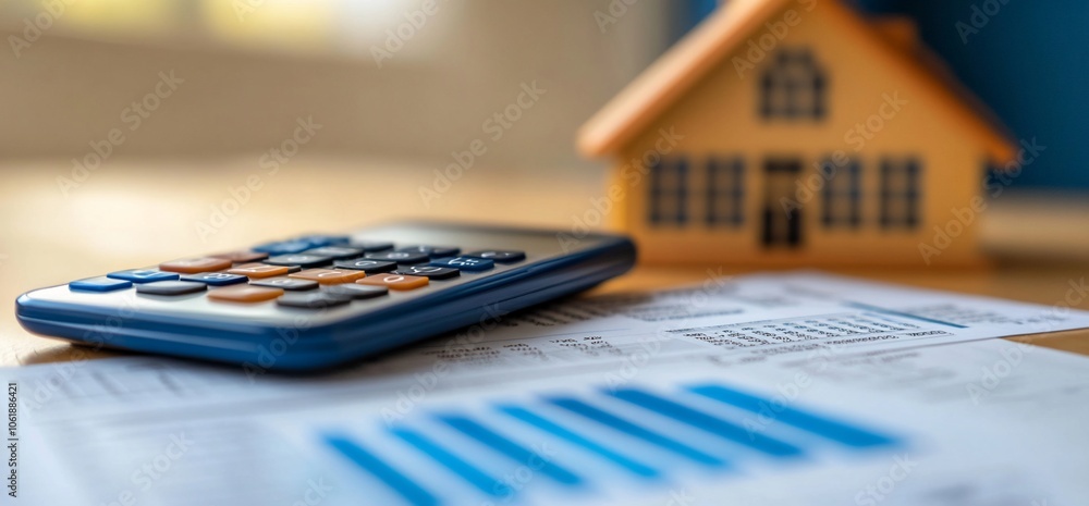 Poster calculator and house model on a table with a graph.