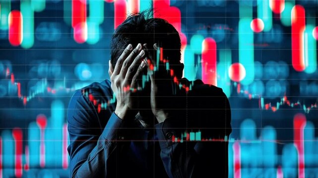 A trader sits in a dark office, overwhelmed with stress as he holds his head in his hands, surrounded by glowing financial charts and data visualizations