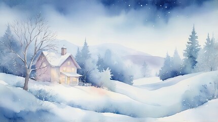 Cozy winter scene featuring a warm-lit house surrounded by snow-covered hills and pine trees
