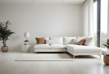 A modern living room with a large white sectional sofa, a white side table, and a beige area rug on a light hardwood floor.