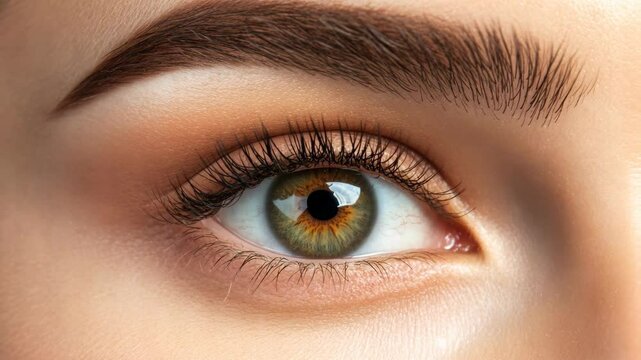 A close-up of a woman's eye with a defined eyebrow and long eyelashes