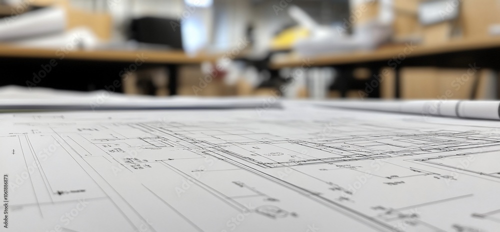Poster close up of a blueprint with a blurred background of an office.