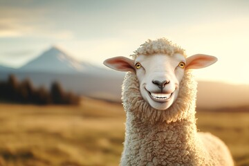Fototapeta premium Comical Sheep Close-Up in a Scenic Landscape