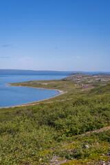 The desert stony shore of the small gulf of Barents sea. Short polar summer in Finnmark, Norway