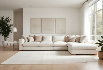 Fototapeta premium A modern living room with a large white sectional sofa, a white side table, and a beige area rug on a light hardwood floor.