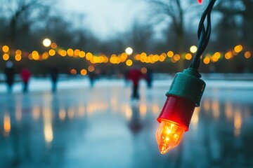 Naklejka premium Close-up of lit holiday light with blurred ice-skaters backdrop
