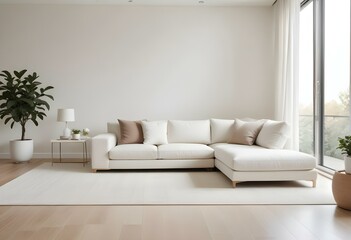 A modern living room with a large white sectional sofa, a white side table, and a beige area rug on a light hardwood floor.