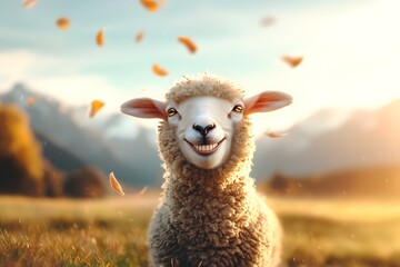 Fototapeta premium Comical Sheep in Photorealistic Landscape at Sunrise